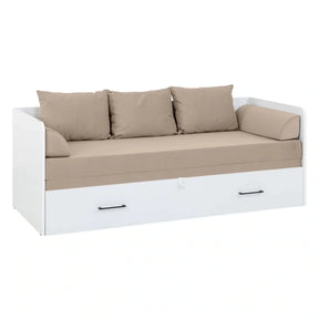 Pat TETRIX 80/160x200, alb/bej, PAL/stofa, cu saltea extensibila si spatiu depozitare