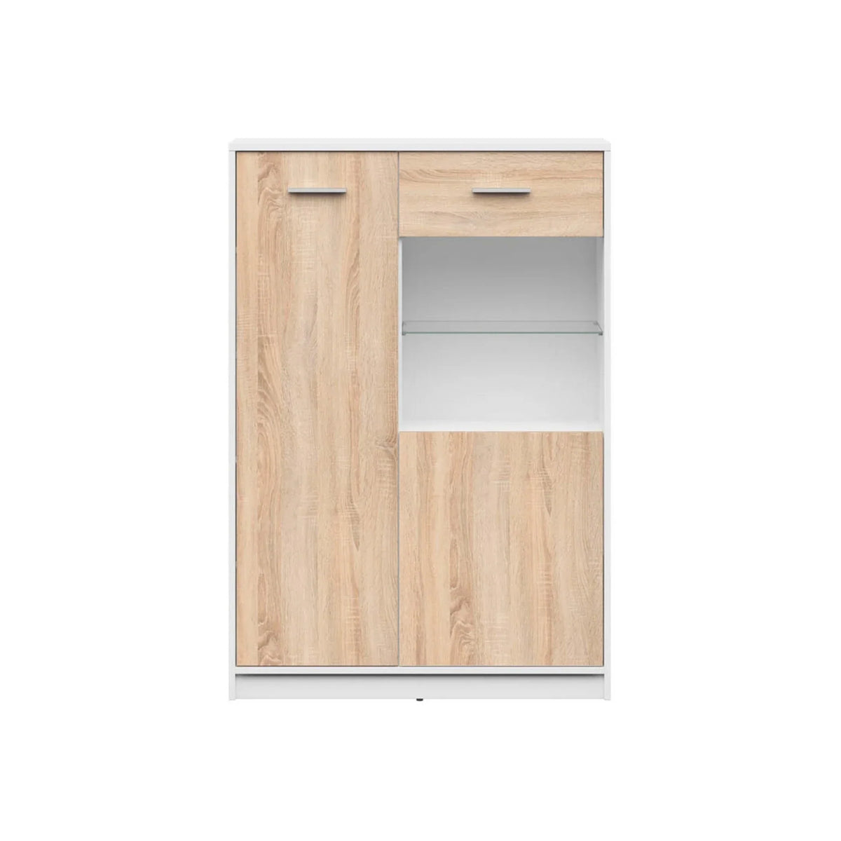 Vitrina NEPO PLUS, stejar sonoma/alb, PAL laminat/sticla, 90x34x132 cm