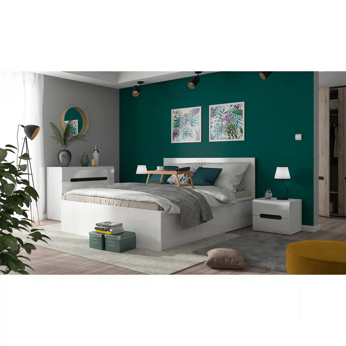 Pat TETRIX  120x200, alb lucios, PAL laminat, cu somiera si lada depozitare