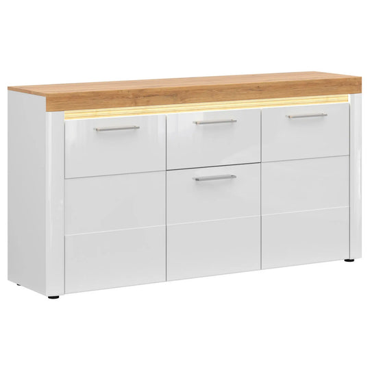 Comoda HORTON, alb/stejar grandson, PAL laminat, cu 3 usi si un sertar, 170x42x90 cm