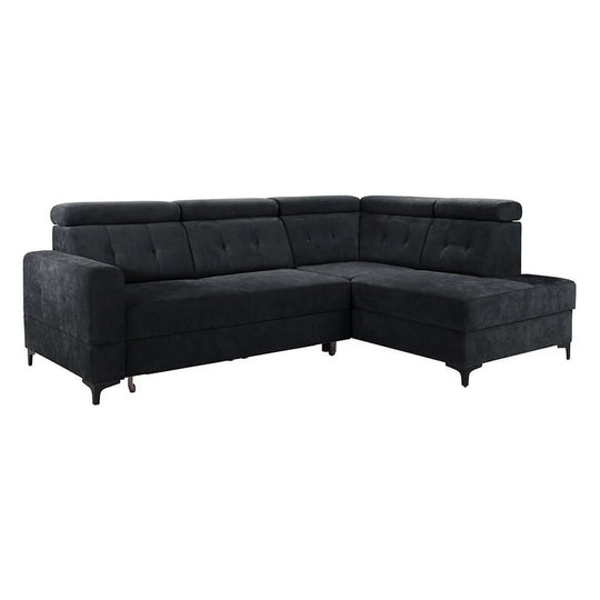 Coltar extensibil MANTO, sezlong dreapta, stofa catifelata negru - Wind 99, cu lada depozitare, 254x182x100 cm