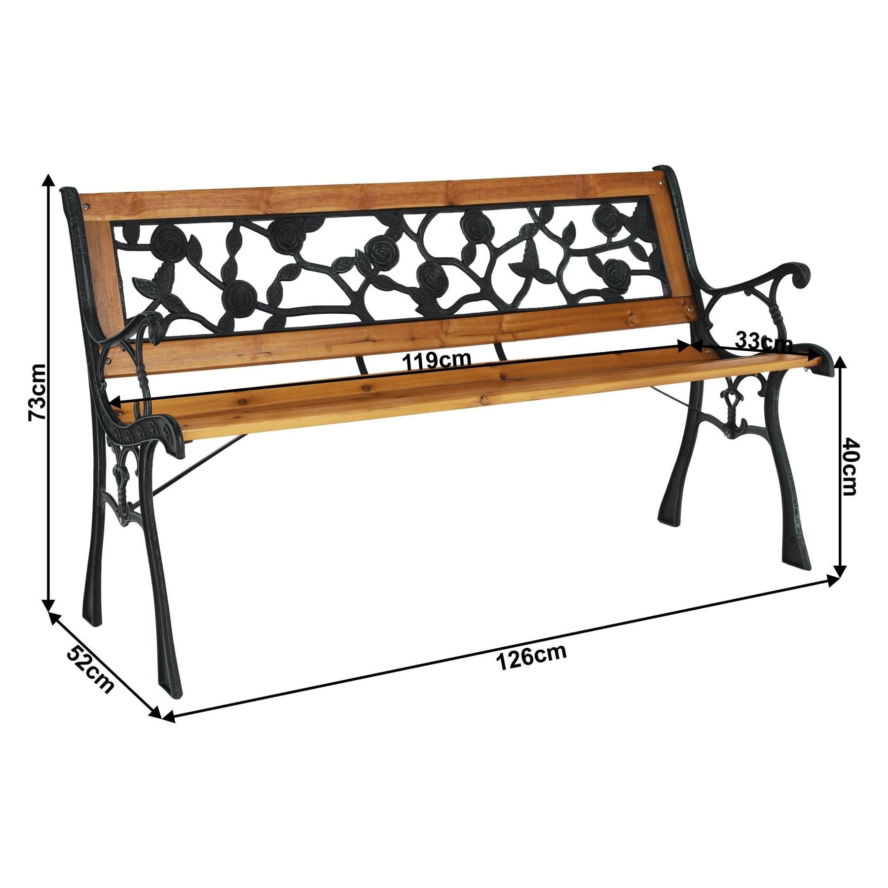 Banca gradina FAIZA, metal/lemn, negru/nuc, 126x52x73 cm