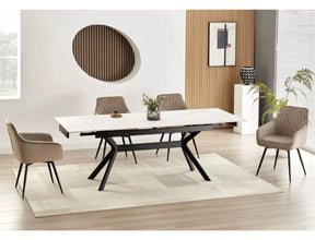 Masa extensibila IMPERIA, alb mat cu efect de marmura/negru, ceramica/metal, 160/220x90x76 cm