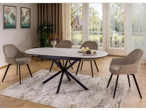 Masa extensibila GASTON, alb mat cu efect de marmura, ceramica/metal, 140/180x80x76 cm