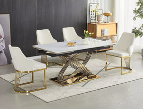 Masa extensibila HERMES II, alb cu efect de marmura/auriu, ceramica/metal, 160/240x90x75 cm
