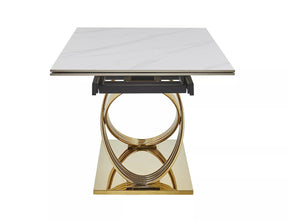 Masa extensibila HERMES II, alb cu efect de marmura/auriu, ceramica/metal, 160/240x90x75 cm