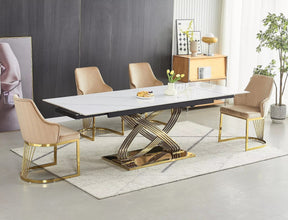 Masa extensibila HERMES II, alb cu efect de marmura/auriu, ceramica/metal, 160/240x90x75 cm