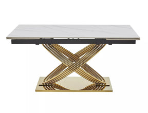 Masa extensibila HERMES II, alb cu efect de marmura/auriu, ceramica/metal, 160/240x90x75 cm