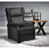 Fotoliu recliner negru într-un living modern, alături de o masă de cafea – primabucata