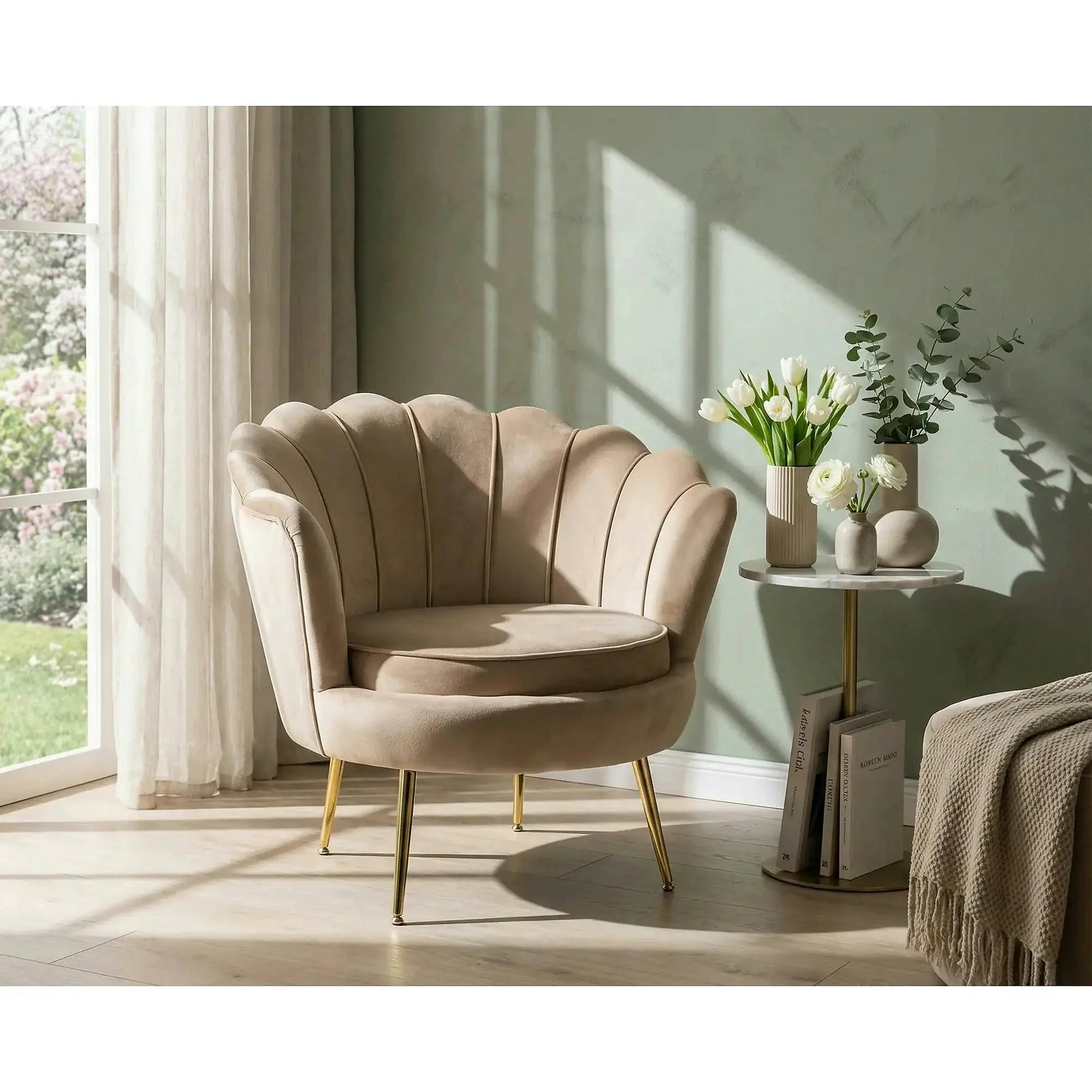 Fotoliu scoica CAMELLIA 1, stofă catifelata/metal, bej- Bluvel 28, 81×76×77 cm