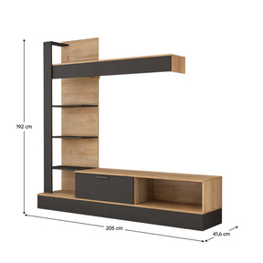 Set living GELUZA, stejar riviera/negru, PAL melaminat, 205x42x192 cm