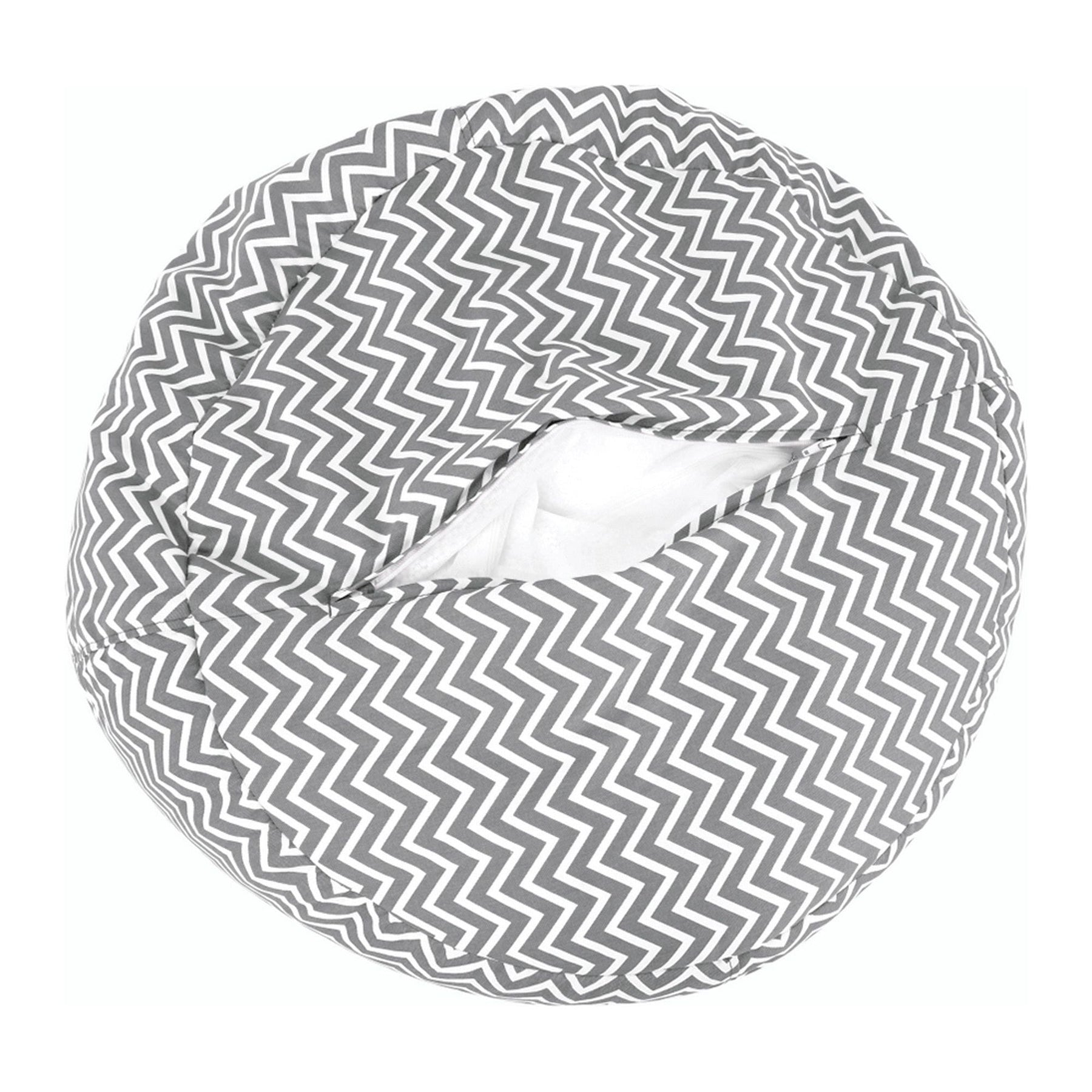 Fotoliu puf GOMBY, material textil/biluțe din polistiren, gri/alb/model zig-zag, 60x50x60 cm