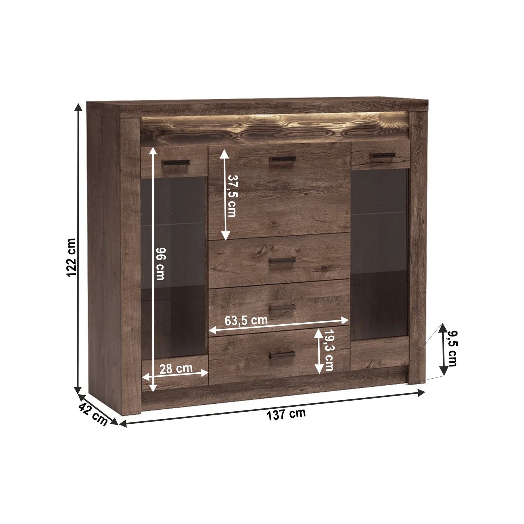 Comoda INFINITY I-08, 2 usi si 4 sertare, PAL melaminat, frasin inchis, 137x122x42 cm