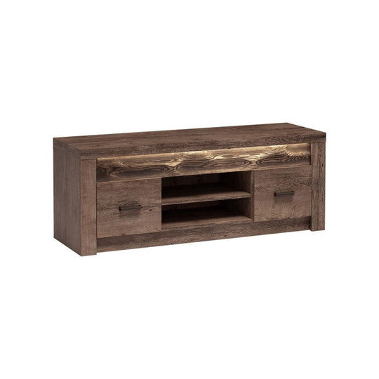 Comoda TV INFINITY I-09, PAL melaminat, frasin inchis, iluminare LED, 2 usi si 1 raft deschis, 137x53x42 cm