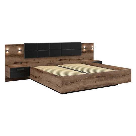 Pat KASSEL 160x200, nuc/negru, PAL/piele ecologica, cu somiera, spatiu depozitare, iluminare LED si 2 noptiere integrate