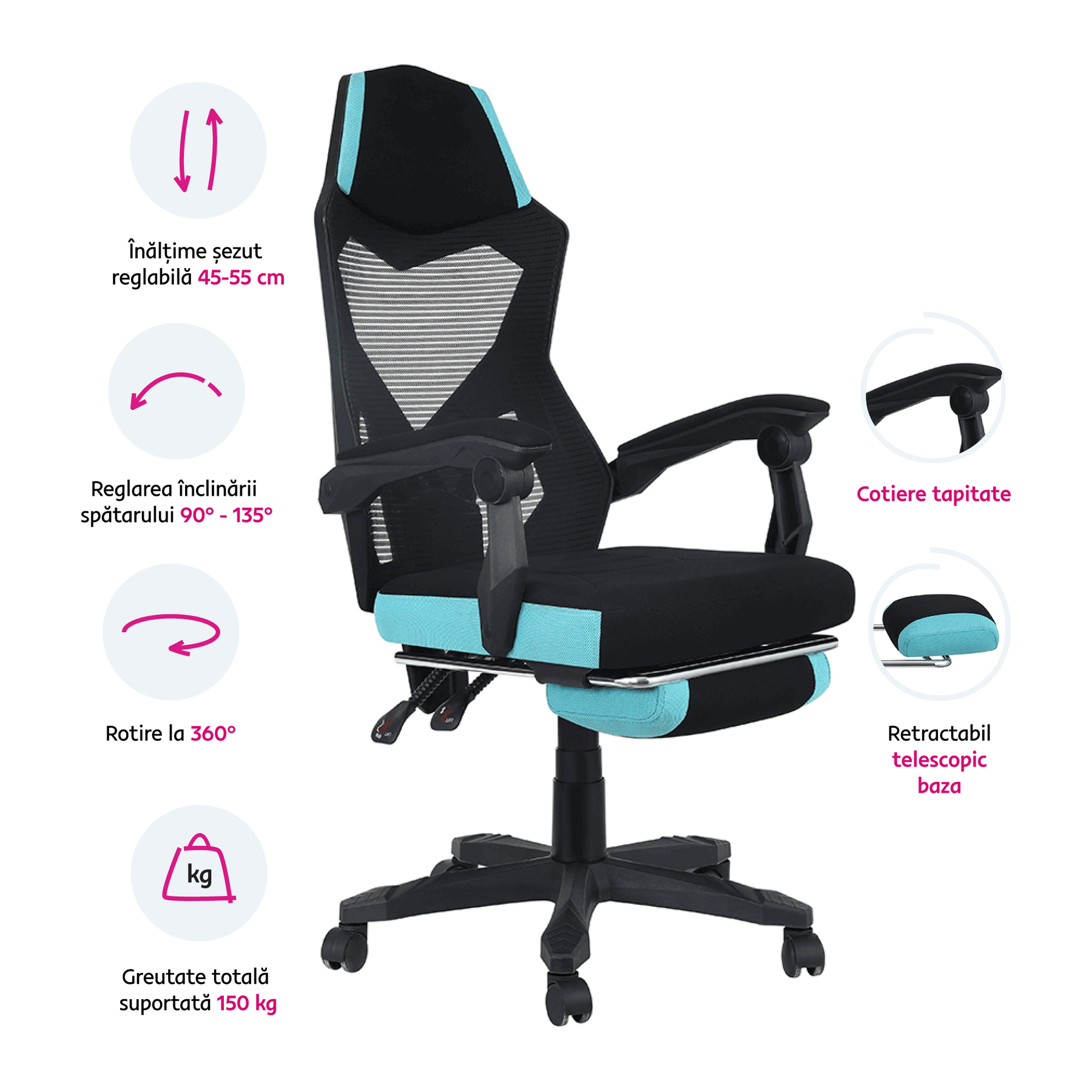 Scaun gaming JORIK NEW, negru/neo menta, plasa/textil, 60x65x108-118 cm