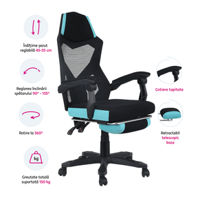 Scaun gaming JORIK NEW, negru/neo menta, plasa/textil, 60x65x108-118 cm