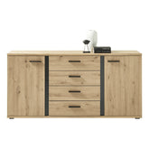 Comoda KANODE, stejar artizanal/negru, PAL laminat, cu 4 sertare si 2 usi, 170x40x84 cm