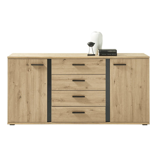 Comoda KANODE, stejar artizanal/negru, PAL laminat, cu 4 sertare si 2 usi, 170x40x84 cm
