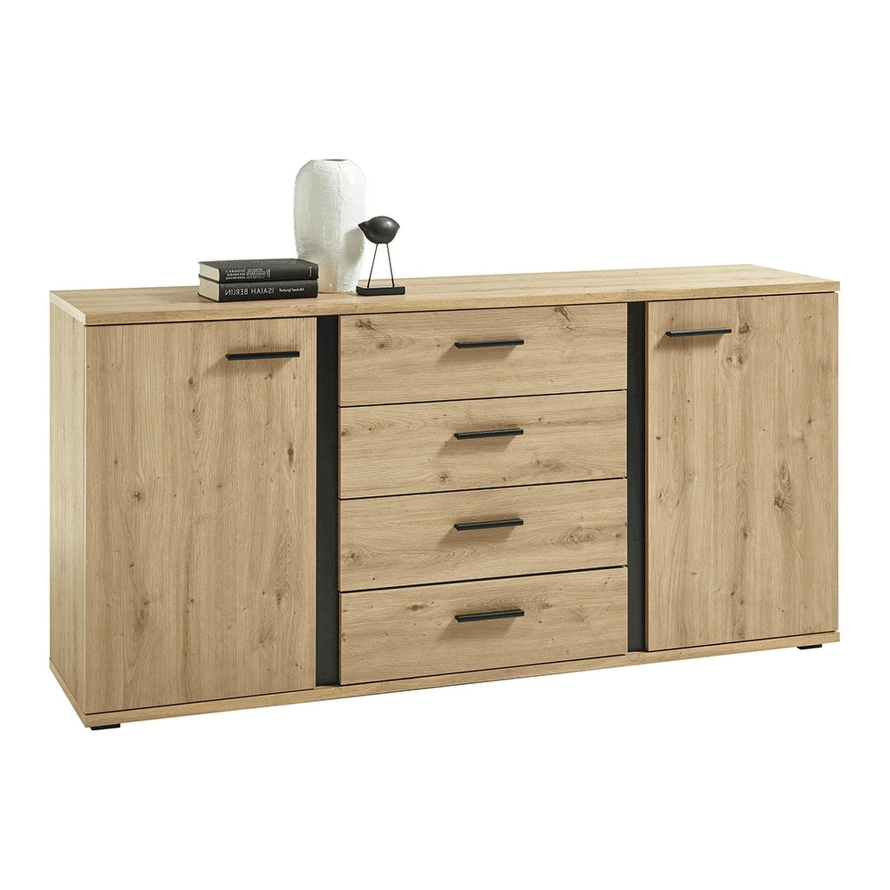 Comoda KANODE, stejar artizanal/negru, PAL laminat, cu 4 sertare si 2 usi, 170x40x84 cm