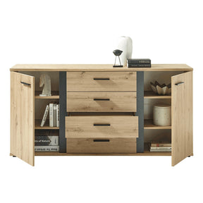 Comoda KANODE, stejar artizanal/negru, PAL laminat, cu 4 sertare si 2 usi, 170x40x84 cm