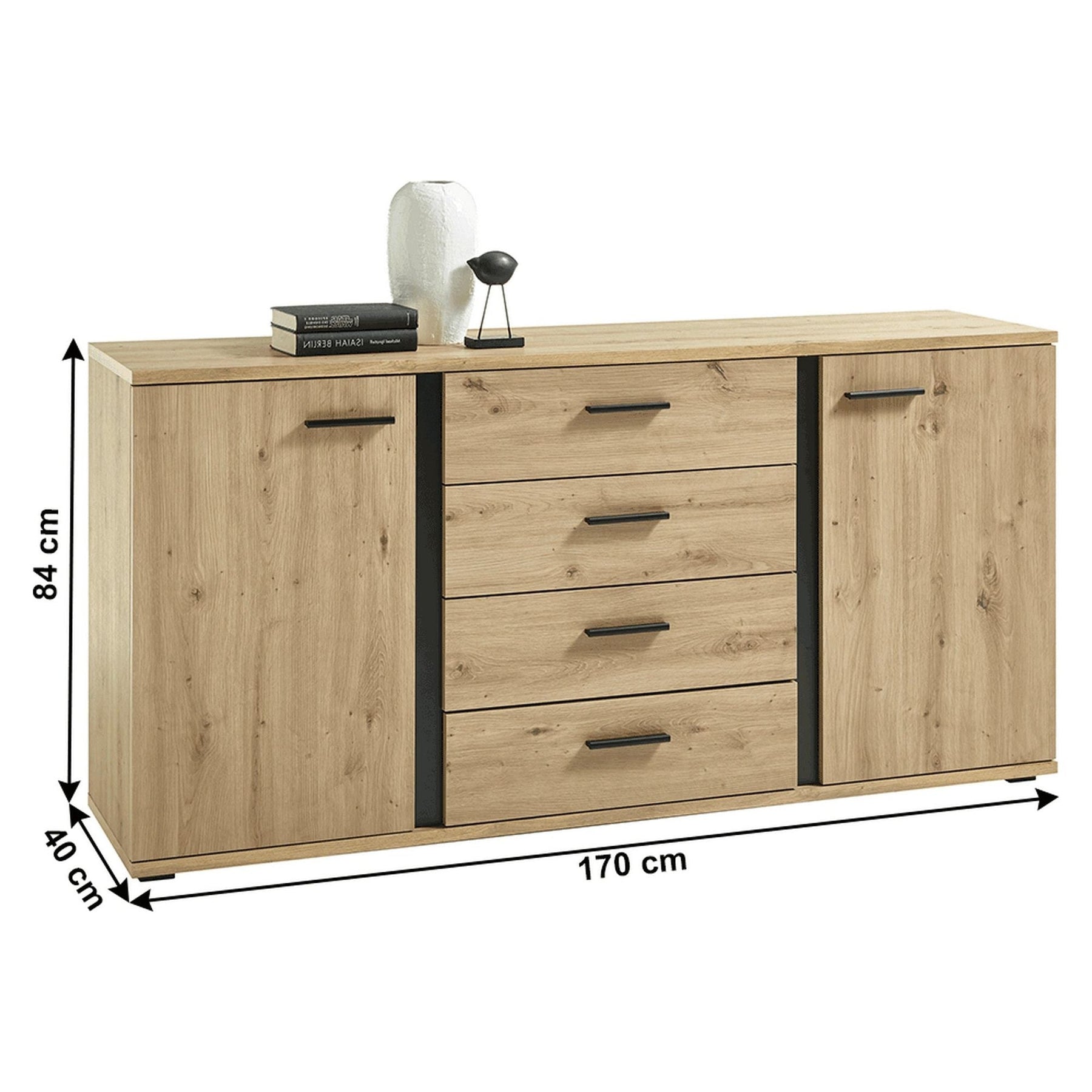 Comoda KANODE, stejar artizanal/negru, PAL laminat, cu 4 sertare si 2 usi, 170x40x84 cm