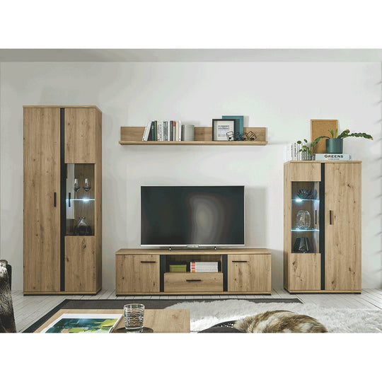 Set living KANODE, stejar artizanal/negru, PAL laminat, 310x40x196 cm