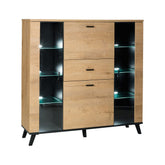Comoda SIRAN TYP 3, DTD laminat/sticla, stejar lefkas/negru, iluminare LED, 131x40x131 cm