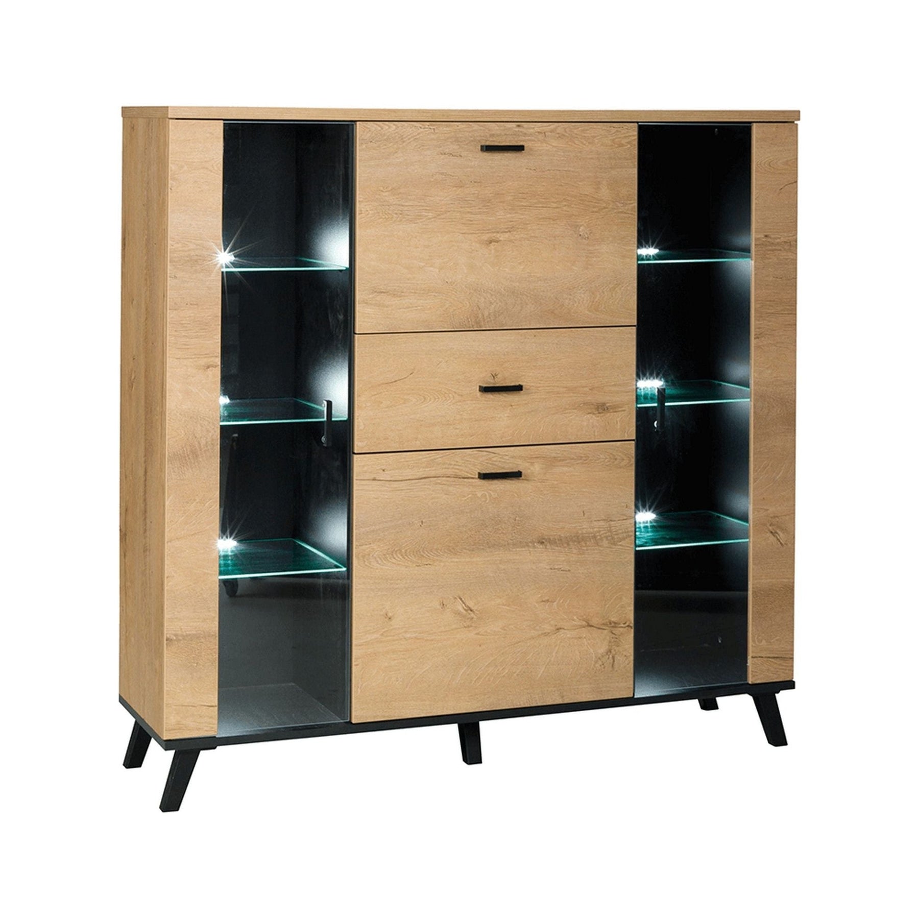 Comoda SIRAN TYP 3, DTD laminat/sticla, stejar lefkas/negru, iluminare LED, 131x40x131 cm