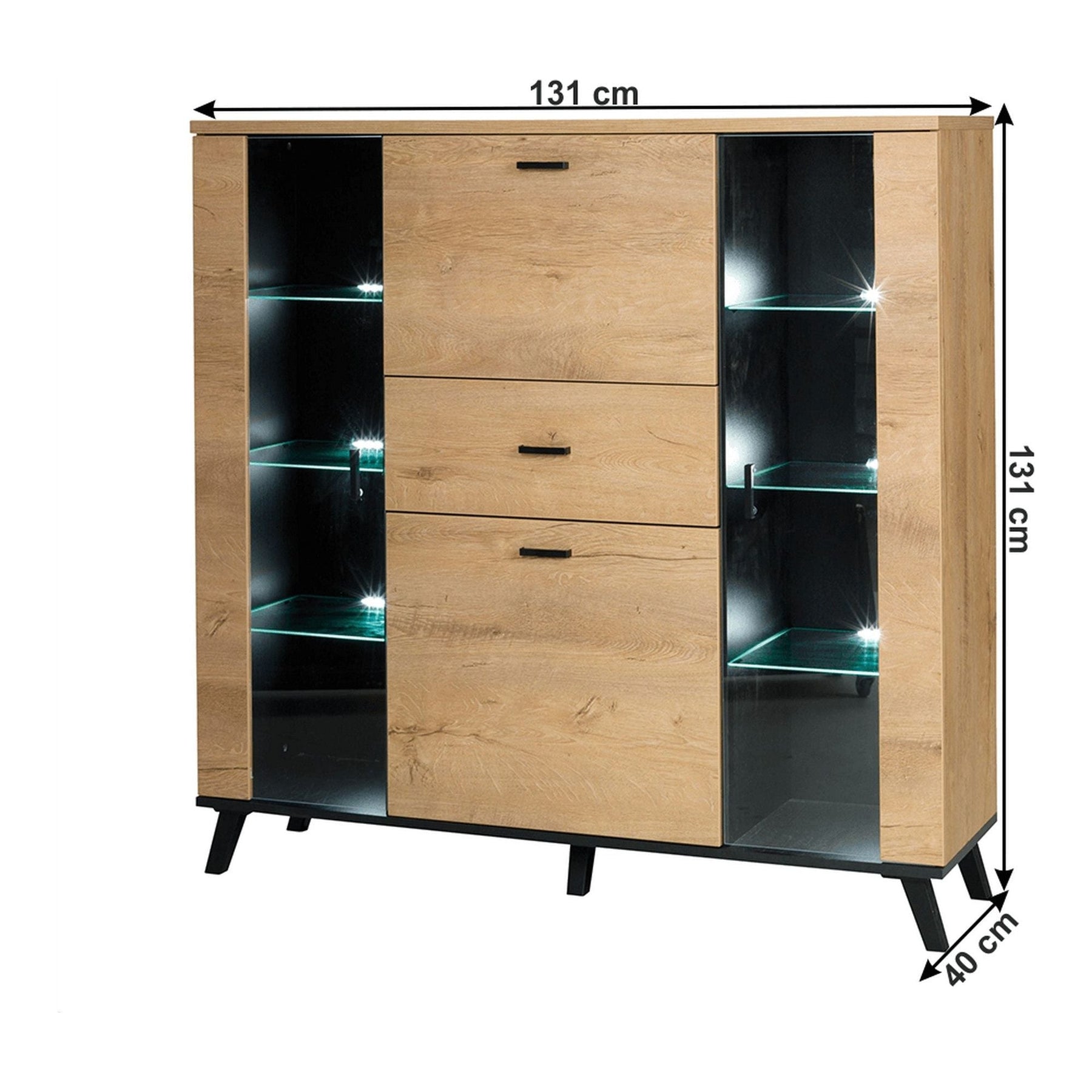 Comoda SIRAN TYP 3, DTD laminat/sticla, stejar lefkas/negru, iluminare LED, 131x40x131 cm