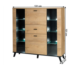 Comoda SIRAN TYP 3, DTD laminat/sticla, stejar lefkas/negru, iluminare LED, 131x40x131 cm