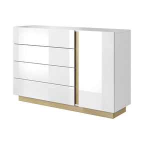 Comoda CITY, 4 sertare si 1 usa, stejar grandson/alb lucios, PAL laminat, 138,2x40x90,5 cm