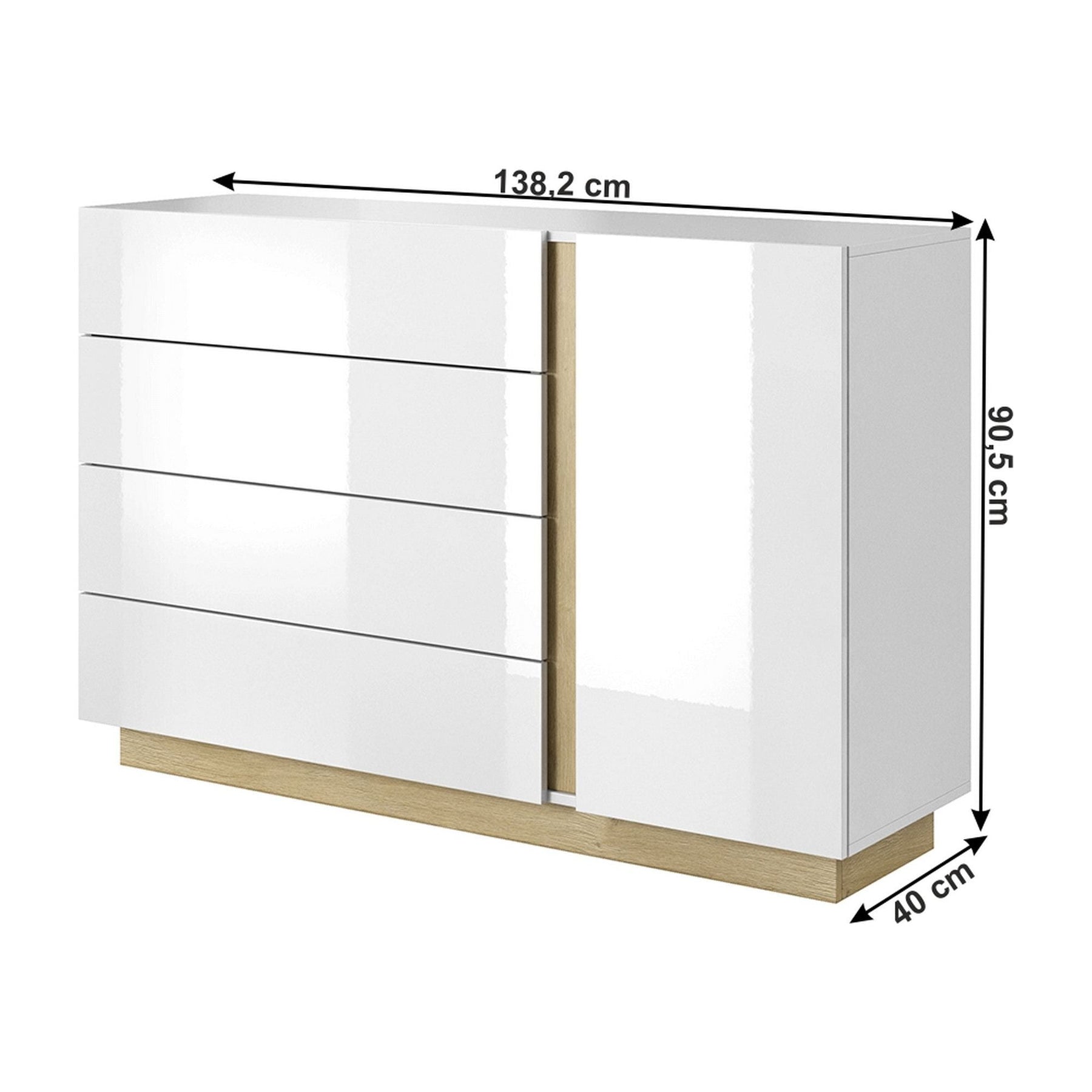 Comoda CITY, 4 sertare si 1 usa, stejar grandson/alb lucios, PAL laminat, 138,2x40x90,5 cm