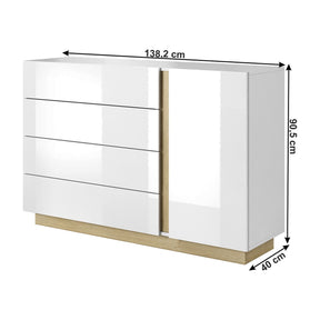 Comoda CITY, 4 sertare si 1 usa, stejar grandson/alb lucios, PAL laminat, 138,2x40x90,5 cm