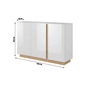 Comoda CITY, PAL melaminat, alb/stejar grandson/alb lucios, 138,2x90,5x40 cm, 3 usi