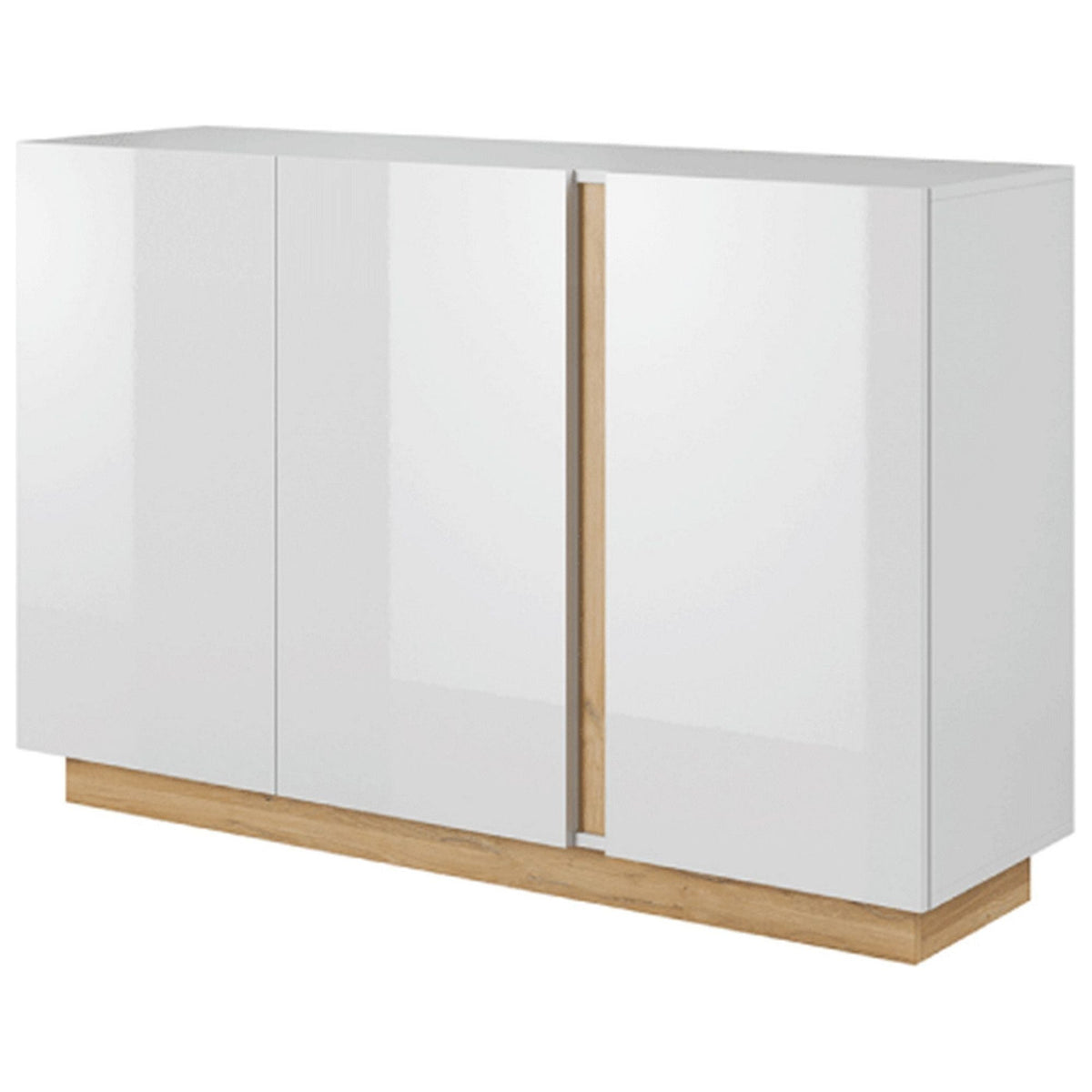 Comoda CITY, PAL melaminat, alb/stejar grandson/alb lucios, 138,2x90,5x40 cm, 3 usi