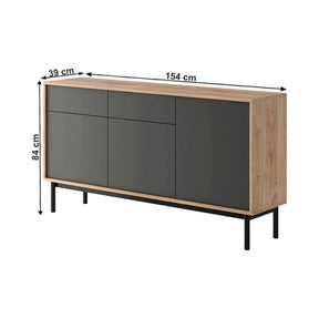Comoda BERGEN BK154, stejar jackson hickory/grafit, PAL, cu 3 usi si 2 sertare, 154x38x84 cm