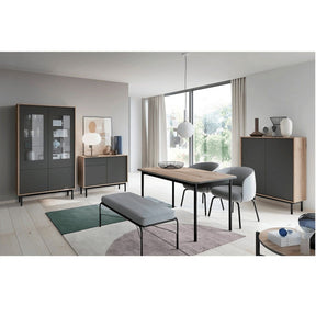 Comoda BERGEN BK154, stejar jackson hickory/grafit, PAL, cu 3 usi si 2 sertare, 154x38x84 cm