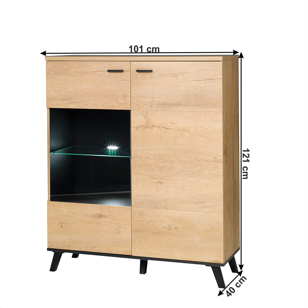 Comoda SIRAN TYP 4, DTD laminat/sticla, stejar lefkas/negru,cu iluminare LED, 101x40x121 cm