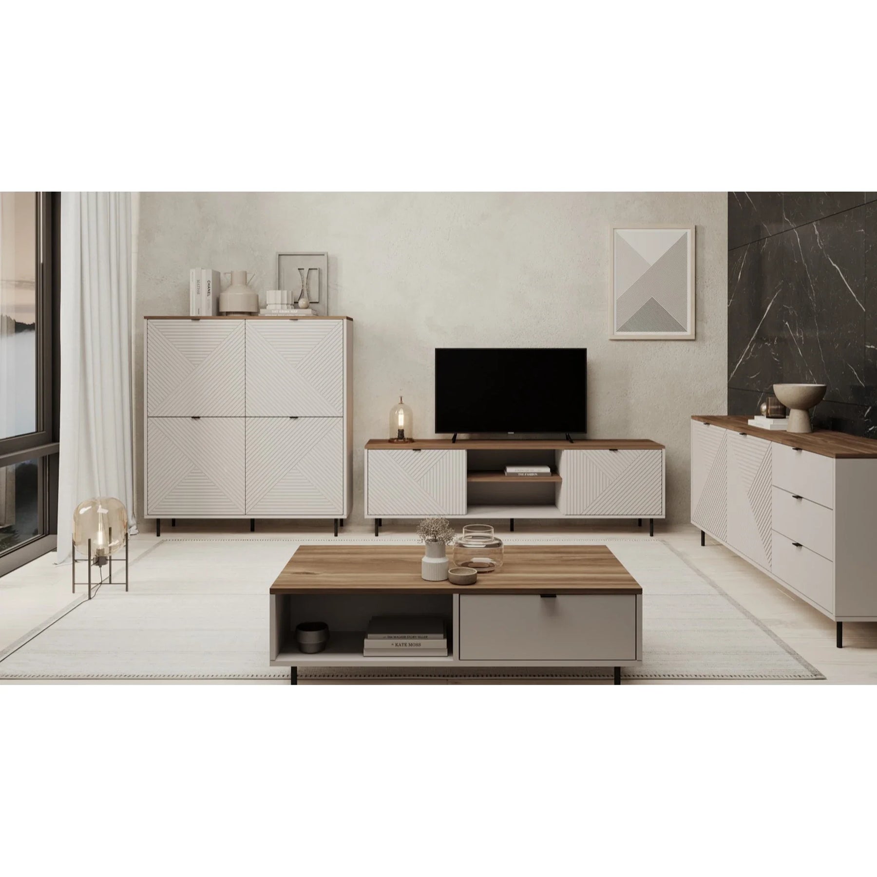 Comoda moderna living EVO, PAL laminat/MDF/metal, casmir/stejar castello, 183.4×40×75.2 cm