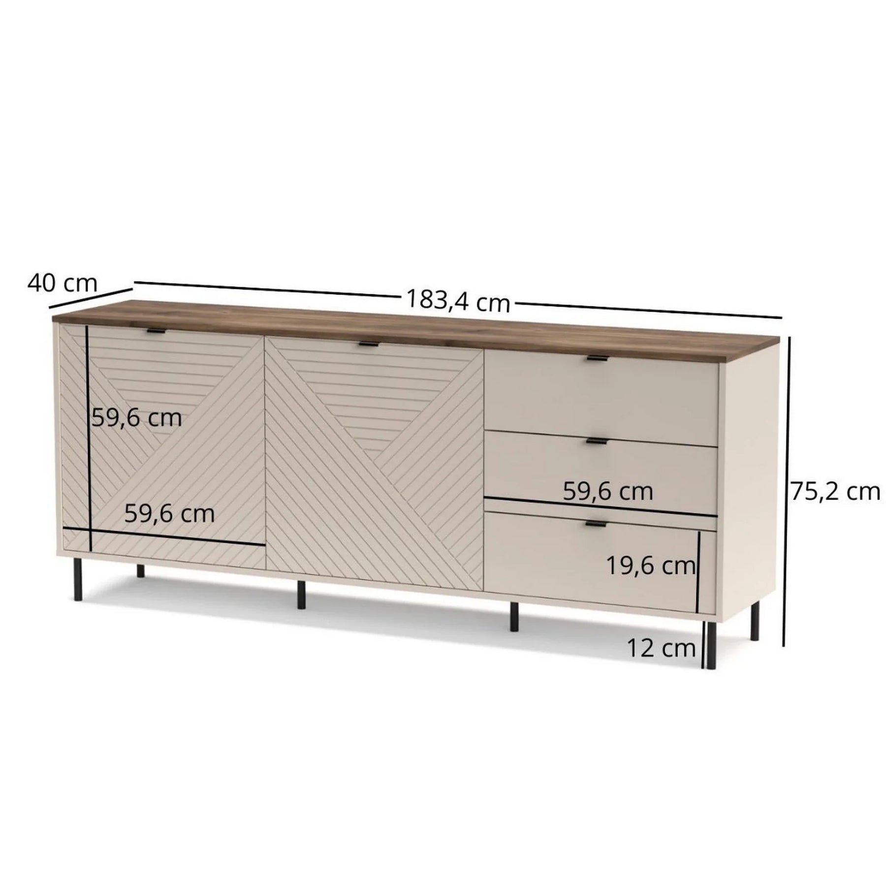 Comoda moderna living EVO, PAL laminat/MDF/metal, casmir/stejar castello, 183.4×40×75.2 cm