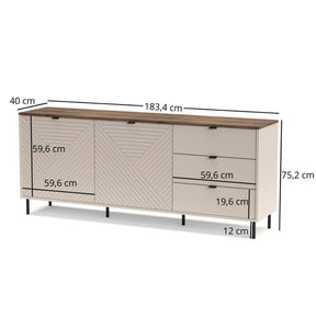 Comoda moderna living EVO, PAL laminat/MDF/metal, casmir/stejar castello, 183.4×40×75.2 cm