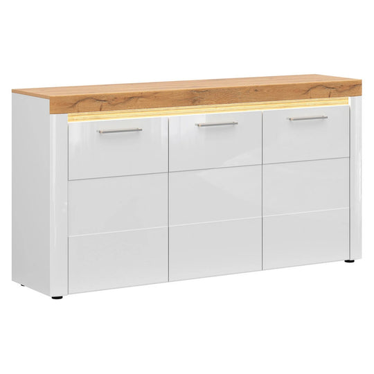 Comoda HORTON, alb/stejar grandson, PAL laminat, cu iluminare LED, 170x42x90 cm