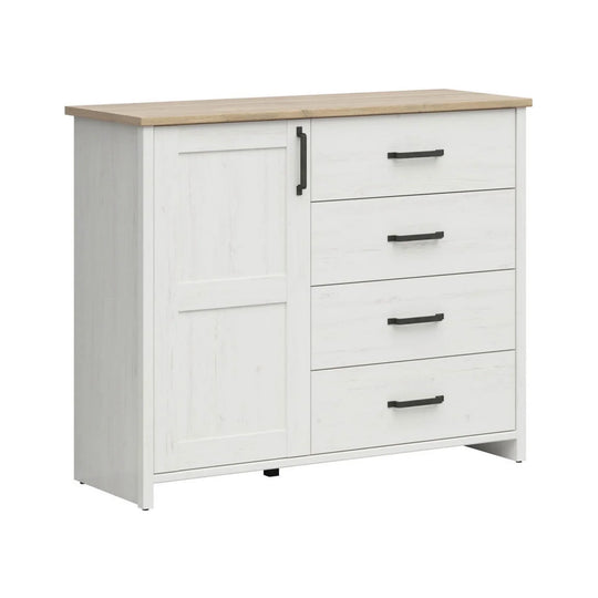 Comoda LOKSA, pin alb/stejar gandson, PAL laminat, 120x43x99 cm