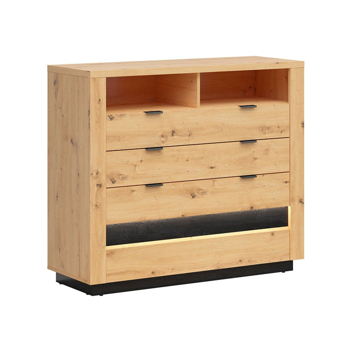 Comoda OSTIA, stejar artizanal/negru, PAL, cu iluminare LED, 116.5x42x101 cm