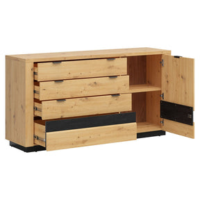 Comoda OSTIA, stejar artizanal/negru, PAL, cu iluminare LED, 161x42x85 cm