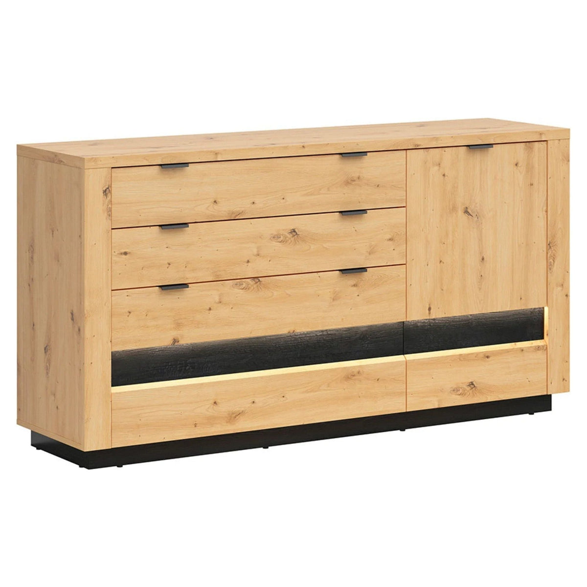 Comoda OSTIA, stejar artizanal/negru, PAL, cu iluminare LED, 161x42x85 cm