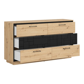 Comoda PONT, stejar artizanal/negru mat, PAL, cu 6 sertare, 160x42x90 cm