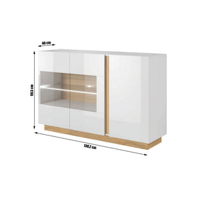 Comoda CITY, stejar grandson/alb lucios, PAL laminat/sticlă, cu iluminare LED, 138,2x90,5x40 cm