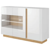 Comoda CITY, stejar grandson/alb lucios, PAL laminat/sticlă, cu iluminare LED, 138,2x90,5x40 cm